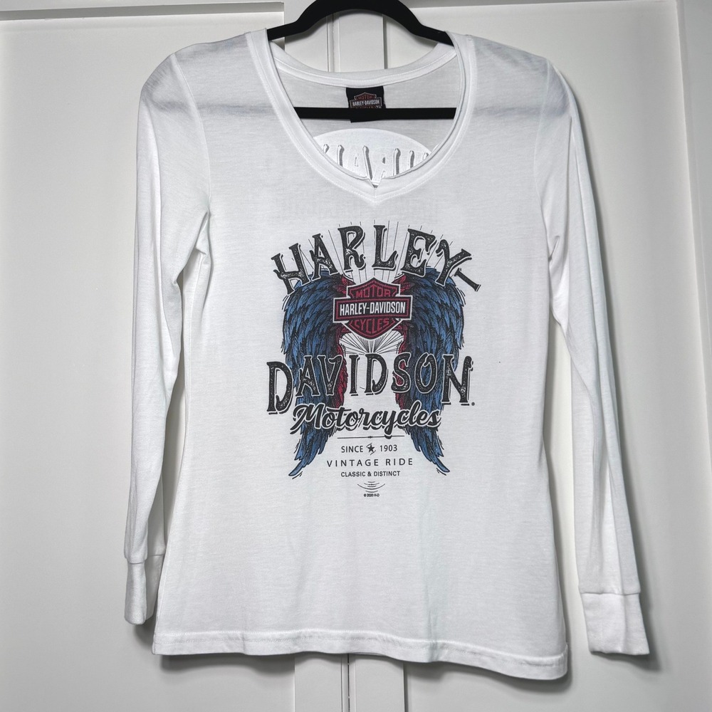 Harley-Davidson Durango CO Graphic Long Sleeve V-Neck Shirt White Womens XS
